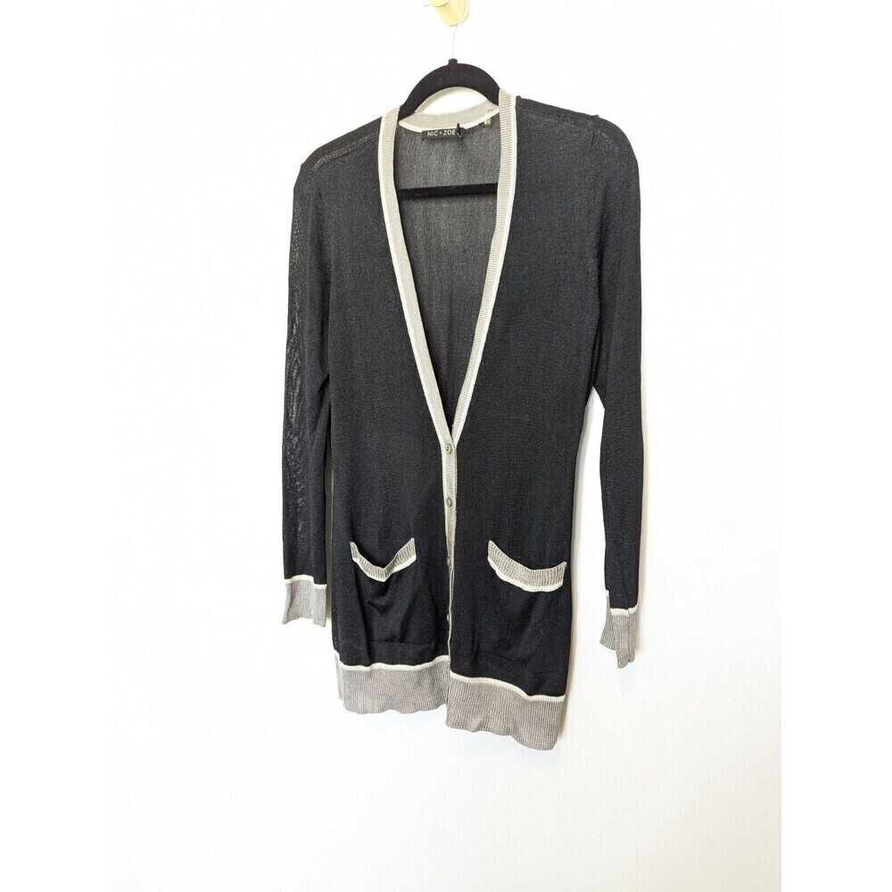 Nic+Zoe Women Longline Cardigan Size M Black Viscose Lightweight Sweater Teacher - Picture 2 of 10